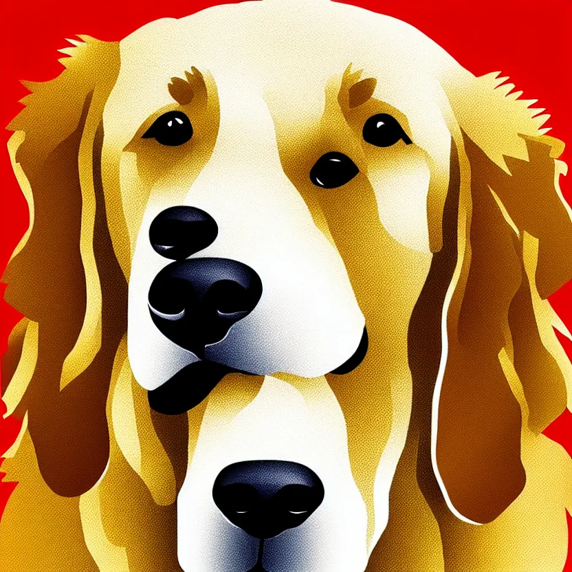 Image similar to golden retriever, full portrait, wide angle, solid white background, line art cartoon