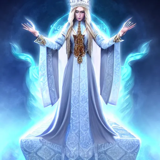 Image similar to beautiful ice queen in ornate robes, highly detailed, 8 k, hdr, award - winning, trending on artstation, anne stokes, photorealistic