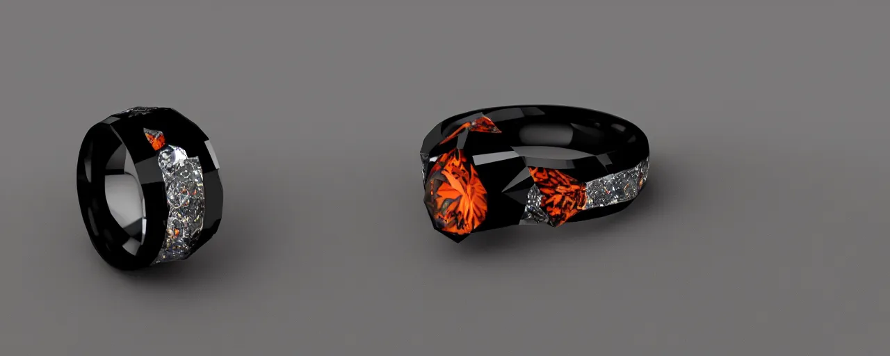 Image similar to simple black tungsten magic crystal ring, radiant cut, fire, orange, smooth shank, crystal, engravings, diamonds, product design, jewelry, colorful, art by gerald brom, greg rutkowski and artgerm, photo realism, unreal engine, c 4 d