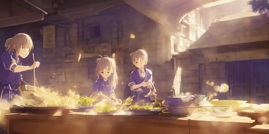 Image similar to a wholesome animation key shot of violet evergarden cooking tasty ramen in the kitchen, medium shot, waist up, studio Ghibli, Pixar and Disney animation, sharp, Rendered in Unreal Engine 5, anime key art by Greg Rutkowski, Bloom, dramatic lighting