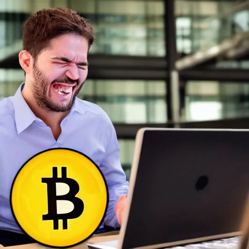 Prompt: Man laughing hysterically while trading bitcoin