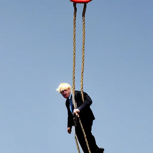 Image similar to Boris Johnson dangling from a rope from the sky