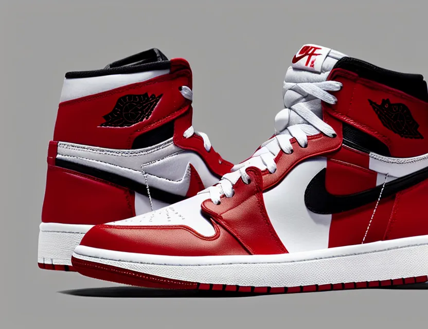 Image similar to a press photograph of nike jordan 1 red white and black, size 1 0, white background