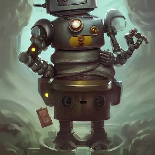 Image similar to anthropomorphic robot [ thing ], flipping a coin, tiny, small, short, nice suit, cute and adorable, pretty, beautiful, dnd character art portrait, matte fantasy painting, deviantart artstation, by jason felix by steve argyle by tyler jacobson by peter mohrbacher, cinema
