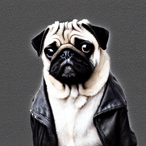 Image similar to photograph of a pug wearing a leather jacket smoking a cigarette