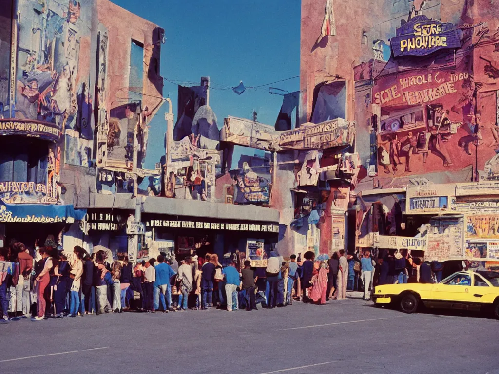 Image similar to a photograph taken with anscochrome 2 0 0, in color, street view of the small theater of the town, with a back to the future banner!!!!!!! a lot of people in a line to enter the theater, ultra detailed, almost night, 1 9 8 5,