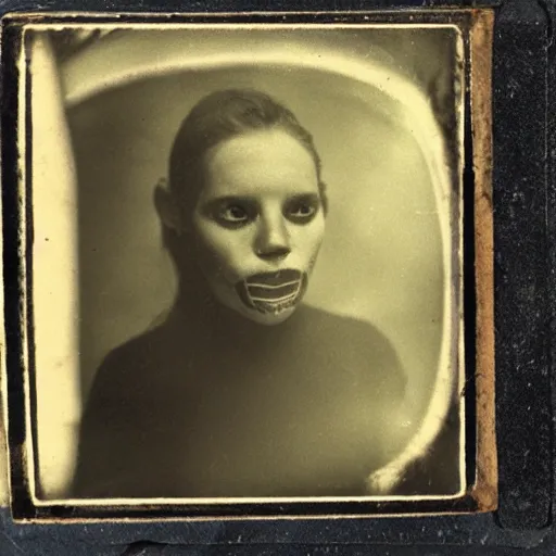 Image similar to tintype photo, swimming deep underwater, alien face