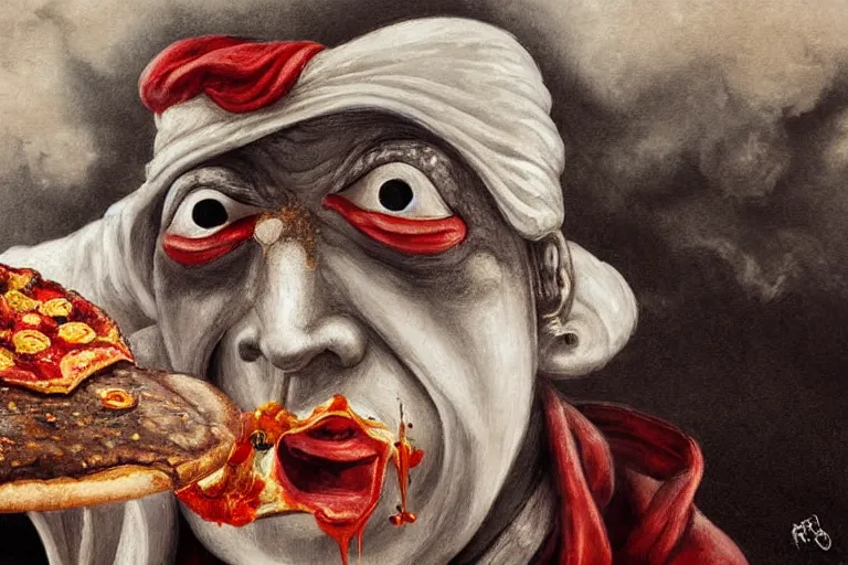 Image similar to a highly detailed pulcinella!!! from naples with pizza in foreground, volcano in the background with smoke, fire and lava, full body, wide angle, an ultrafine detailed painting by rivorio mok, post - apocalyptic vibe, trending on deviantart, whimsical, lowbrow, perfect symmetrical face, sharp focus, octane, masterpiece