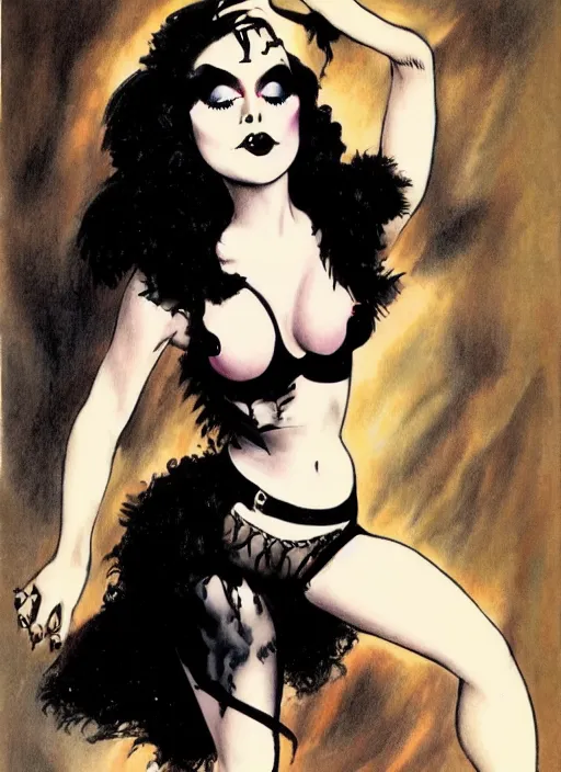 Image similar to of a goth girl burlesque psychobilly punk, detailed face, white background, drawing, zoomed - out, full body, illustration by frank frazetta