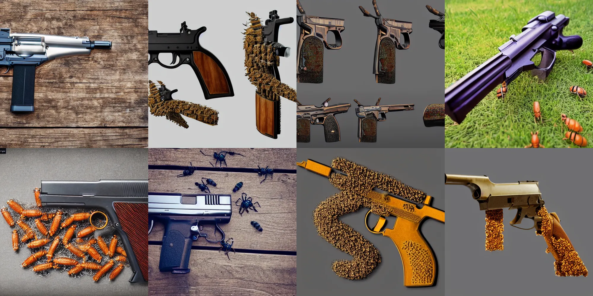 Prompt: professional photograph of a gun made out of bugs. Trending on artstation.