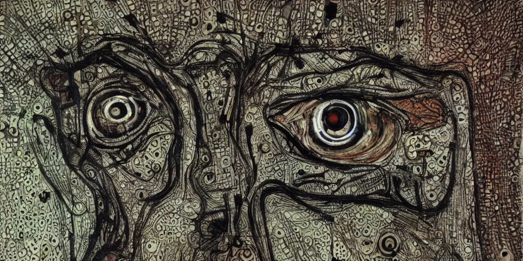 Prompt: camo of eyes, technical, acrylic, teeth, eerie, tribal, clay, dots, lines, stipple, points, grid, cybernetic, old painting, francis bacon, swirly eyes, hypnosis, eerie, sharp