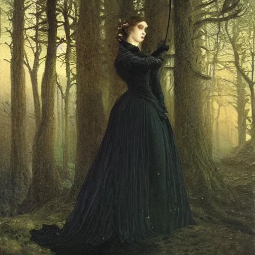 Image similar to A beautiful victorian woman, night, gothic dress, flowing hair, oil painting, portrait, magical forest, , glow, dramatic lighting, dramatic light, masterpiece, high detail, long shadow, amazing composition, detailed, painted by Caspar David Friedrich