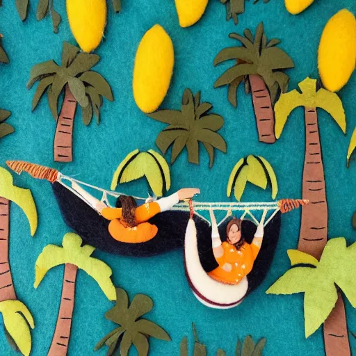 Image similar to detailed felt diorama of people sleeping in hammocks that look like bananas, jungle background with lots of palm trees