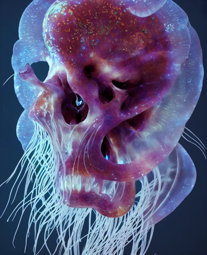 Image similar to goddess close-up portrait animal skull. jellyfish phoenix head, nautilus, orchid, skull, betta fish, bioluminiscent creatures, intricate artwork by Tooth Wu and wlop and beeple. octane render, trending on artstation, greg rutkowski very coherent symmetrical artwork. cinematic, hyper realism, high detail, octane render, 8k