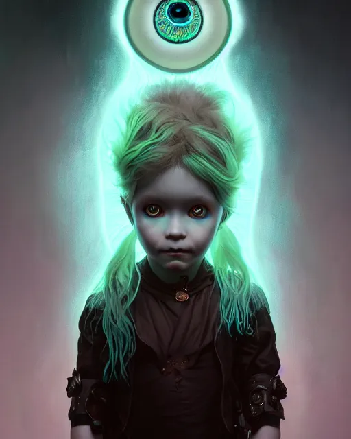 Image similar to one singular portrait of a bioluminescent spooky child doll with big glowing eyes, highly detailed, digital painting, cinematic, hyper realism, dark retrowave, art by Stanley Lau and Artgerm and magali villeneuve and Alphonse Mucha, artstation, octane render, cgsociety