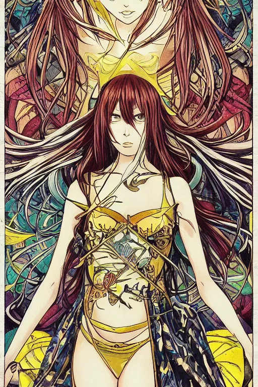 Image similar to makise kurisu, intricate, amazing line work, colorful, tarot cards, the devil tarot card