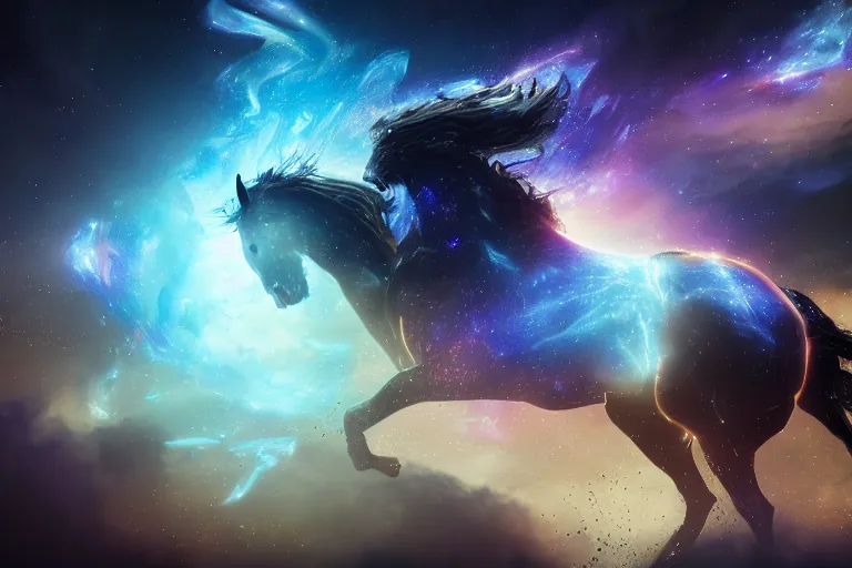 Image similar to a stunning horse made of a illuminated star chart running through a space nebula by greg rutkowski, high key lighting, volumetric light, digital art, highly detailed, fine detail, intricate, ornate, complex, octane render, unreal engine, photorealistic