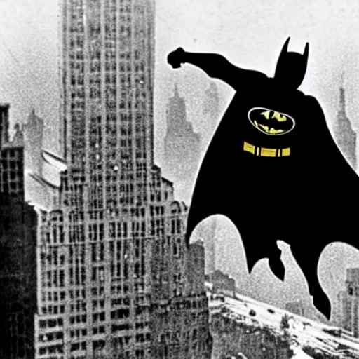 Prompt: old black and white photo, 1 9 2 5, depicting batman jumping from the top of a skyscraper of new york city, rule of thirds, historical record