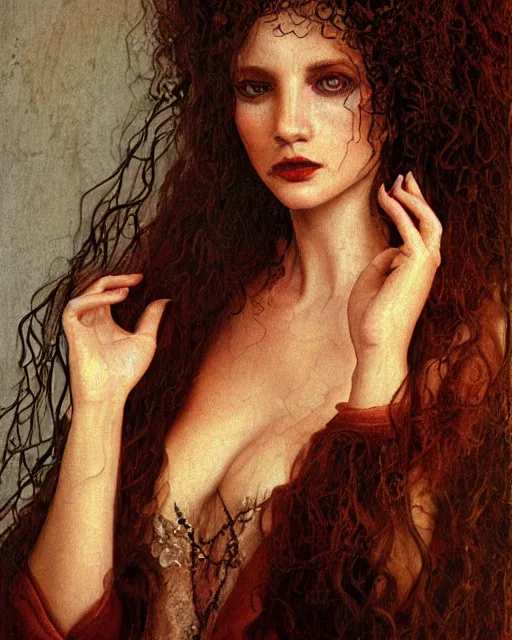 Prompt: a beautiful and eerie baroque painting of a gorgeous young woman from vampire the masquerade bloodlines, with wild, dark, curly hair and freckles and haunted eyes, 1 9 7 0 s, afternoon light, delicate embellishments, painterly, she looks like catherine of braganza