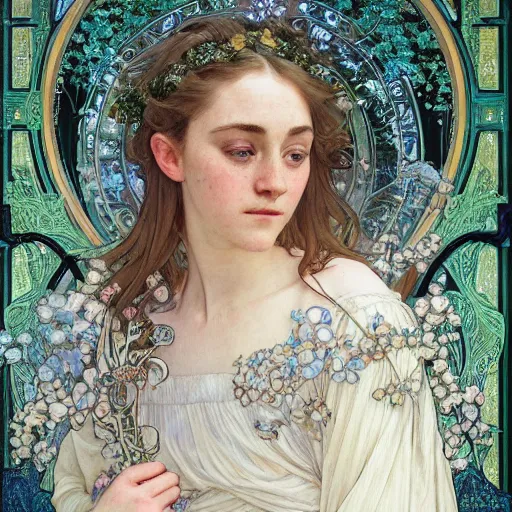 Prompt: a detailed, intricate art nouveau portrait painting of a girl who resembles 1 8 - year - old saoirse ronan and emma watson in a white bridal gown, in a garden of fireflies and glowing lanterns at night, by alphonse mucha, donato giancola, and john william waterhouse