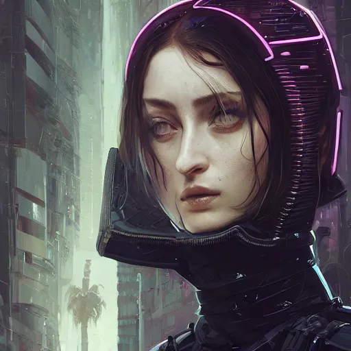 Image similar to sophie turner, streetwear techwear cyberpunk style outfit, parial mask, detailed portrait, intricate complexity, by greg rutkowski, cushart krentz, artgerm, ross tran, conrad roset, takato yomamoto, ilya kuvshinov. 4 k, beautiful, cinematic dramatic atmosphere, portrait lighting