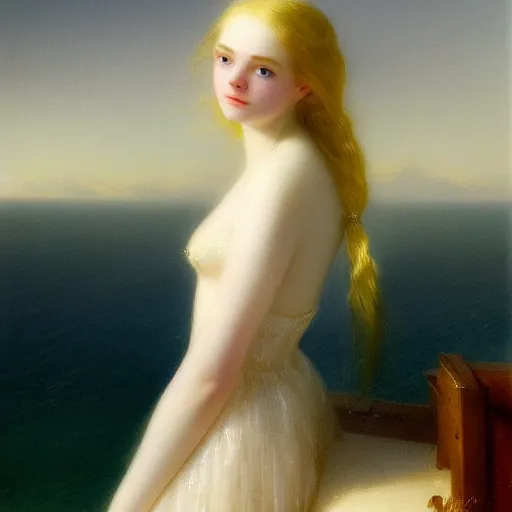 Prompt: Painting of Elle Fanning at sea, long blonde hair, delicate, pale milky white porcelain skin, by Ivan Aivazovsky. 8K. Extremely detailed.