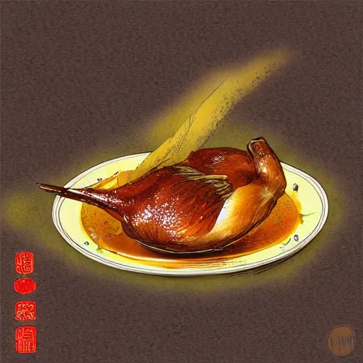 Prompt: food of roast beijing duck, digital art, style of traditional chinese painting