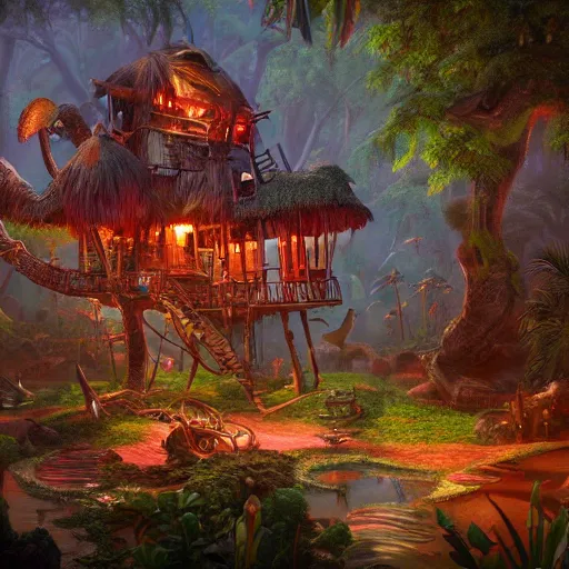 Prompt: tikipunk treehouse, fantasy oil painting, fine art, cinematic lighting, hyperdetailed, 8k, high resolution, insanely detailed and intricate, trending on artstation, octane render