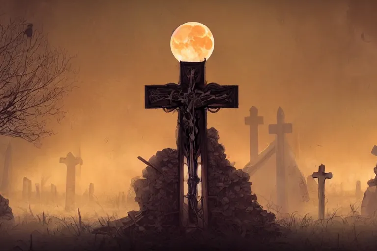 Image similar to an ultra detailed animation of a cross in a graveyard at midnight on halloween, digital art, dark fantasy, concept art, soulslike, by alphonse mucha, blood moon eclipse, ruined building in the background, artstation, 8 k, unreal engine render