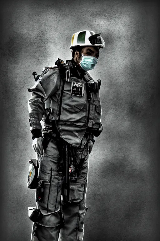 Image similar to paramedic, standing by ambulance, highly detailed, digital art, sharp focus, trending on art station