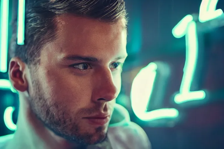 Prompt: handsome man, posing for the camera, neon lighting, closeup!!!!!!, macro!!!!!!, 3 5 mm!!!!!! lens, comprehensive art, neon!!!!!! atmosphere, intricately detailed, indistinguishably unique, 4 k, 8 k, detailed facial features