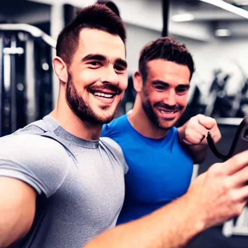 Image similar to selfie of two typical gym bros being bros at the gym