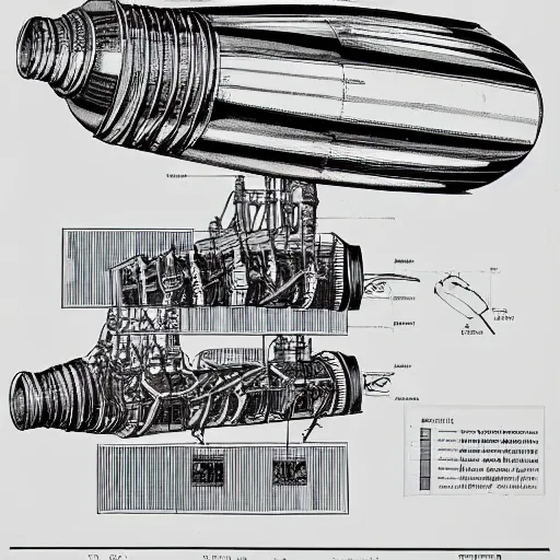 Prompt: archive blueprints of 1 9 4 0's nuclear powered spaceship engine