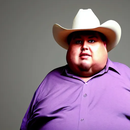 Prompt: morbidly obese 2000kilo snake oil salesman wearing authentic purple green sip tech cowboy augmentation standing in front of blank background