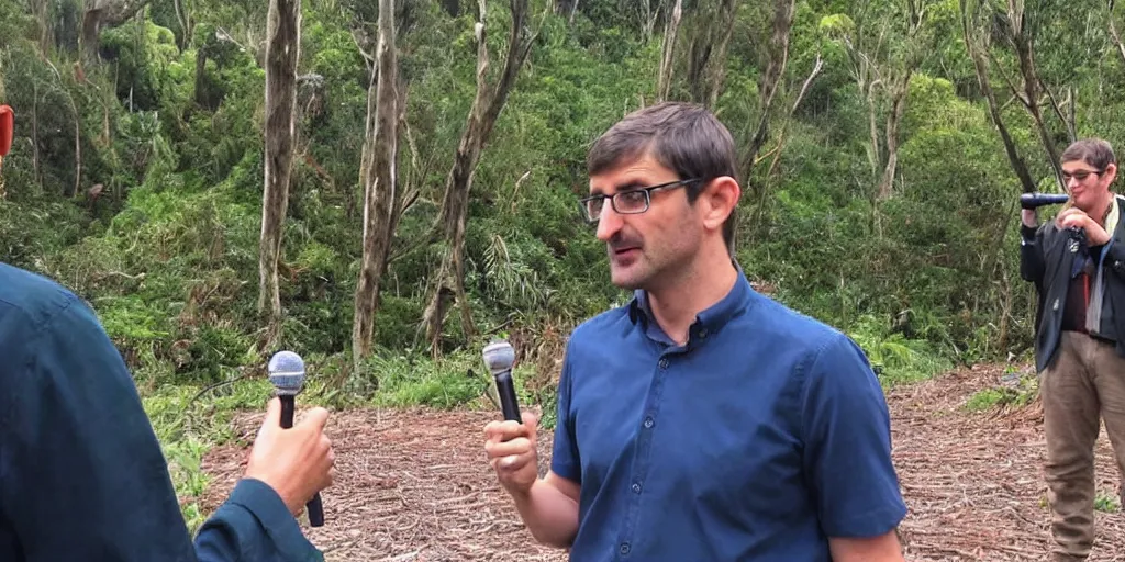 Image similar to bbc tv presenter louis theroux holding a microphone talking to kauri loggers at great barrier island, new zealand. enormous giant logs in background 1 9 2 0's