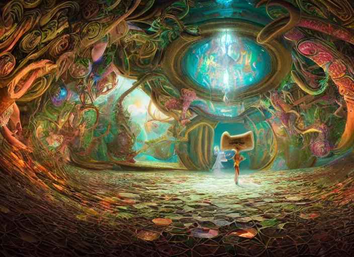 Image similar to vfx surreal 3 d portrait of alice from wonderland walking into a non - euclidean and infinite tunnel of evanescent hallucinatory images, reflections in endless mirrors, giant mushrooms, hyperdetailed, octane render, sharp focus, concept art, intricate by alex grey, greg rutkowski jeff soto and daniel merriam, dan mumford and pixar, octane render