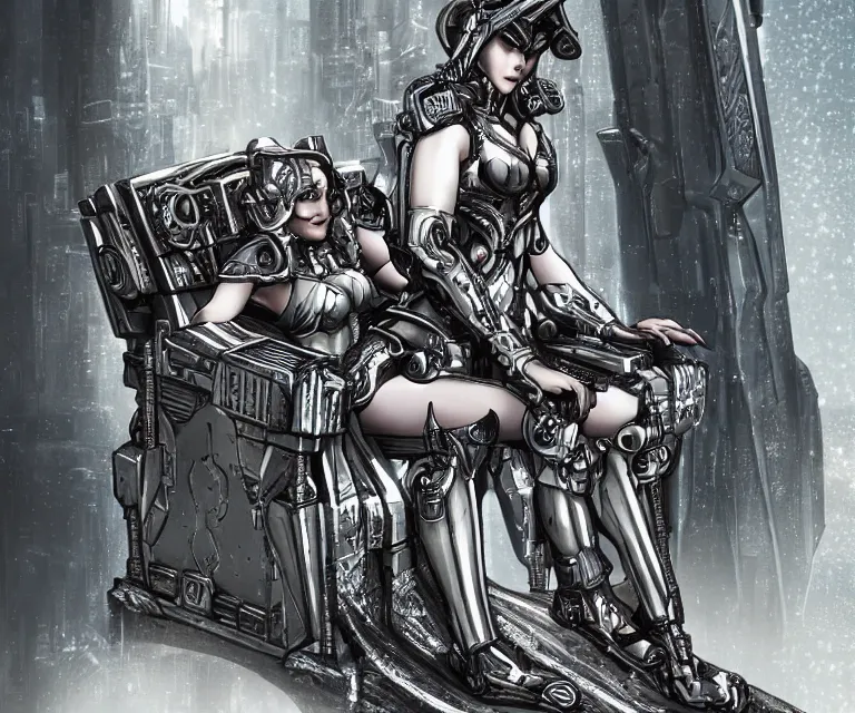 Image similar to majestic cyborg princess sitting on a metal throne in a futuristic castle, cyberpunk, highly detailed, sharp lines