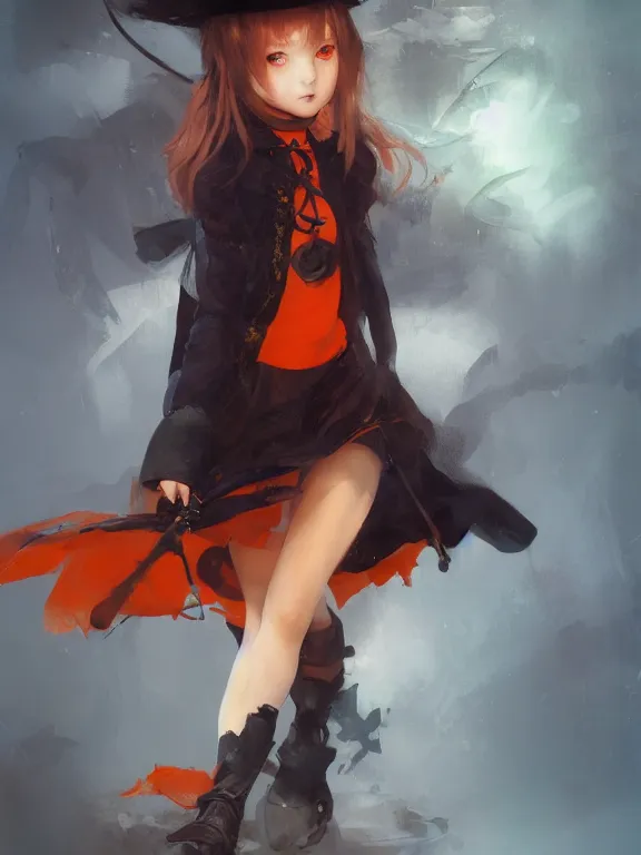 Prompt: Full shot of a cute mischievous young witch about to get up to some trouble. Black and Orange palette. By Ruan Jia and Artgerm and Range Murata and WLOP and CLAMP. Key Art. Fantasy Illustration. award winning, Artstation, intricate details, realistic, Hyperdetailed, 8k resolution.