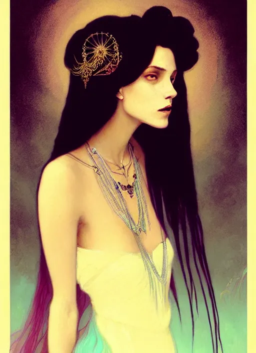 Image similar to ombre velvet gown, black, feathers, lovely bohemian princess, portrait, long hair, tiara, dozens of jeweled necklaces, feral languid woman, by greg rutkowski, brom, anato finnstark, alphonse mucha