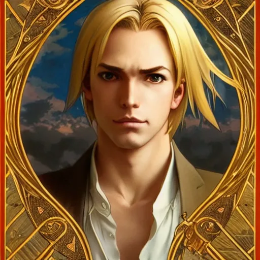 Image similar to highly detailed vfx portrait of a blond centre parting pretty boy by eiichiro oda, makoto shinkai, alphonse mucha, sharp focus, art by artgerm and greg rutkowski!, backlit, harsh overhead sunlight, detailed,