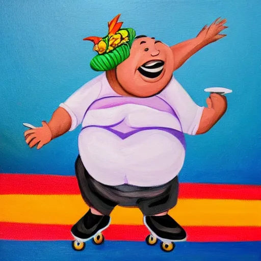 Prompt: painting of a happy fat man in a hawaiian shirt and roller skates