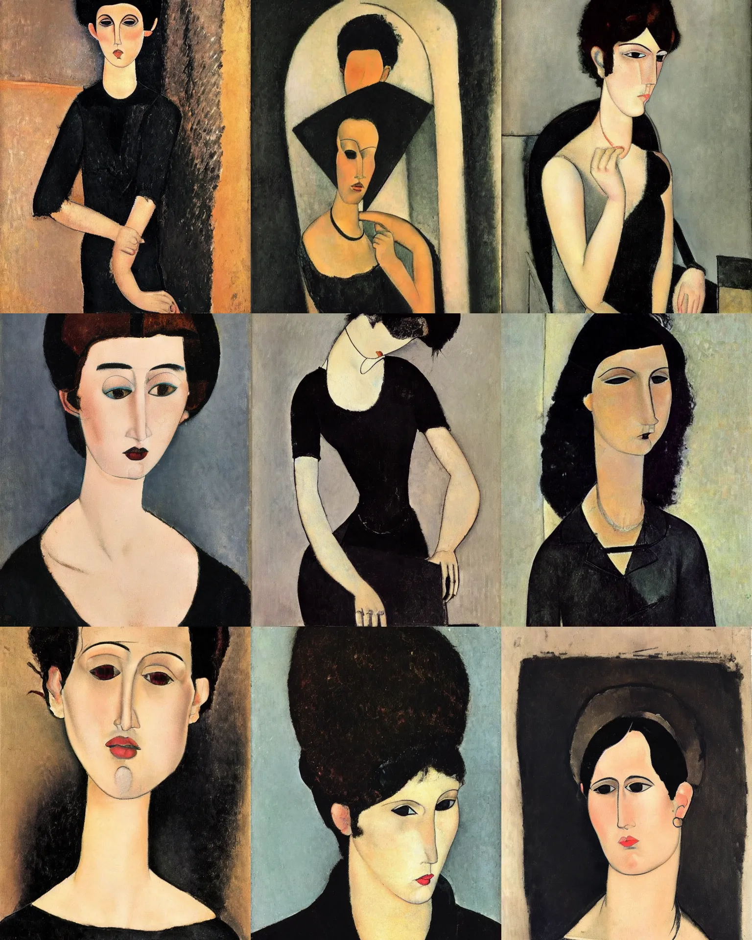Prompt: A goth portrait by Amedeo Modigliani. Her hair is dark brown and cut into a short, messy pixie cut. She has a slightly rounded face, with a pointed chin, large entirely-black eyes, and a small nose. She is wearing a black tank top, a black leather jacket, a black knee-length skirt, a black choker, and black leather boots.