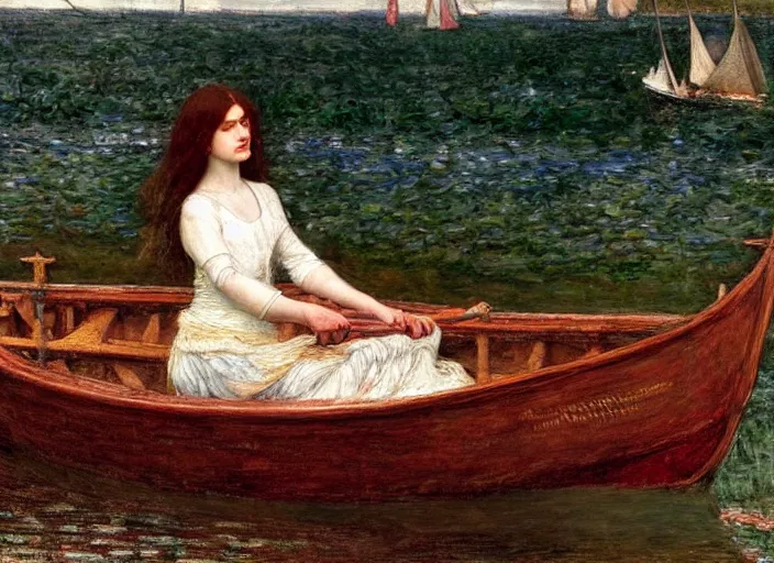 Image similar to lady of shallot in a boat by john william waterhouse, rosetti, monet, william holman hunt, 8 k