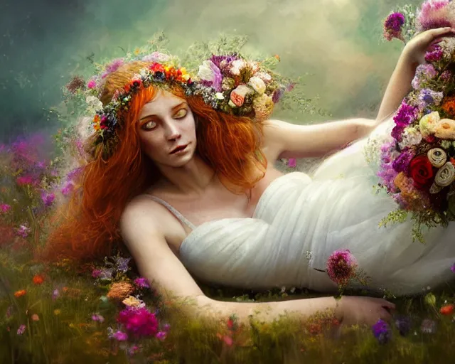 Image similar to cute female bride laying down and swathed in flowers, perfect face, tiara, ginger hair, abs, cinematic, freckles, stunning, athletic, strong, agile, highly detailed, psychedelic, digital painting, artstation, smooth, hard focus, illustration, art by jessica rossier and and brian froud