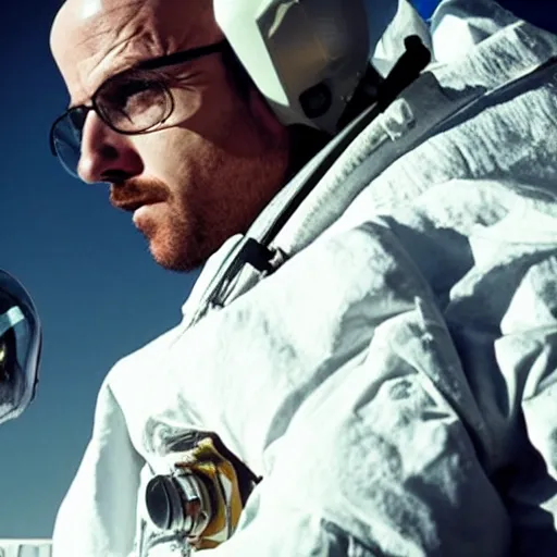 Image similar to a still from breaking bad of Jesse Pinkman wearing an astronaut suit in the moon, extreme close-up, highly detailed skin