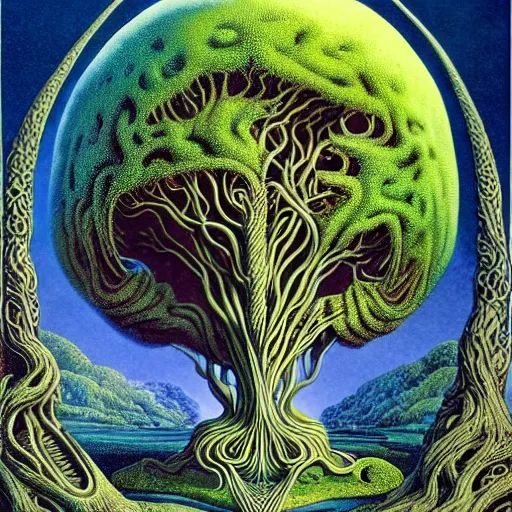 Image similar to sacred ancient ancestral mulberry tree by roger dean and andrew ferez, art forms of nature by ernst haeckel, divine chaos engine, symbolist, visionary, art nouveau, botanical fractal structures, tree of life, lightning, detailed, realistic, surreality