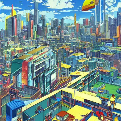 Prompt: futuristic city on a mountainside, red - yellow - blue buildings, city, cel - shaded, raytracing, cel - shading, toon - shading, 2 0 0 1 anime, flcl, jet set radio future, drawn by artgerm