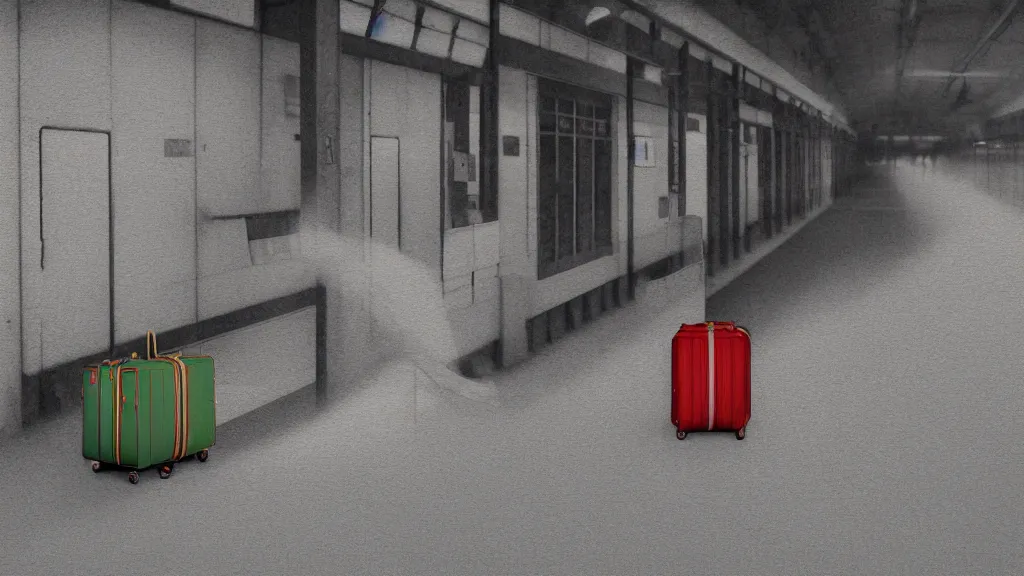 Image similar to an explorer's luggage on the train platform, rural japan, a collage painting, in the style of wes anderson, lola dupre, david hockney, isolated on negative white space background dark monochrome neon spraypaint accents volumetric octane render