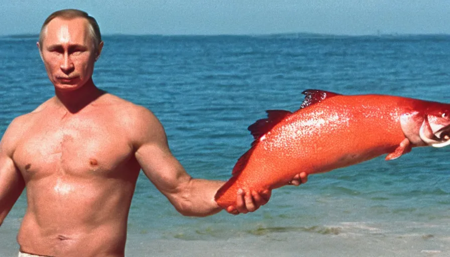 Image similar to 7 0 s movie still of putin in speedo, proudly holding a salmon, focus on eyes. cinestill 8 0 0 t _ 3 5 mm eastmancolor, heavy grain, high quality, high detail