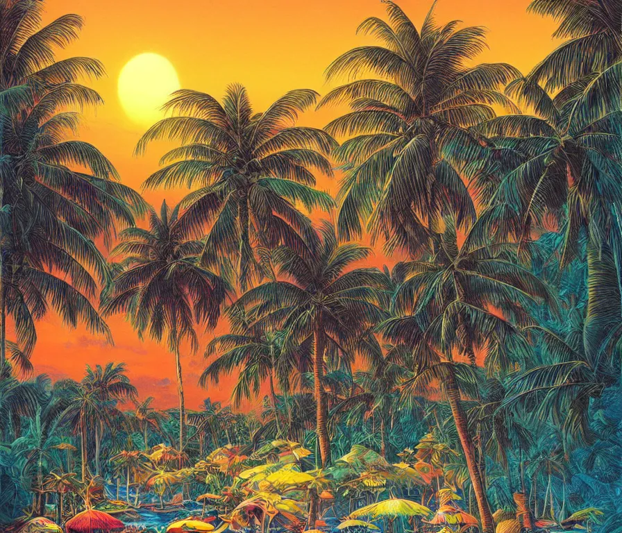 Image similar to a tropical paradise beach filled with palm trees and exotic flowers at sunset by paul lehr, detailed line drawing, intricate, hd, digital art, complementing colors, detailed, illustration painting by alex gray, digital art, moebius